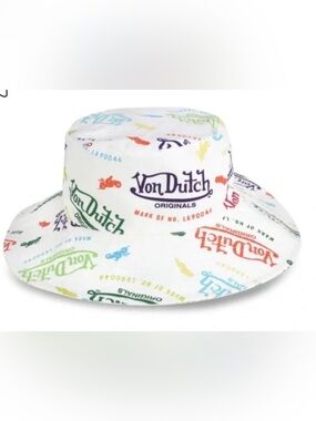 Von Dutch White Bucket Hat with Multicolor Logo Print NWT